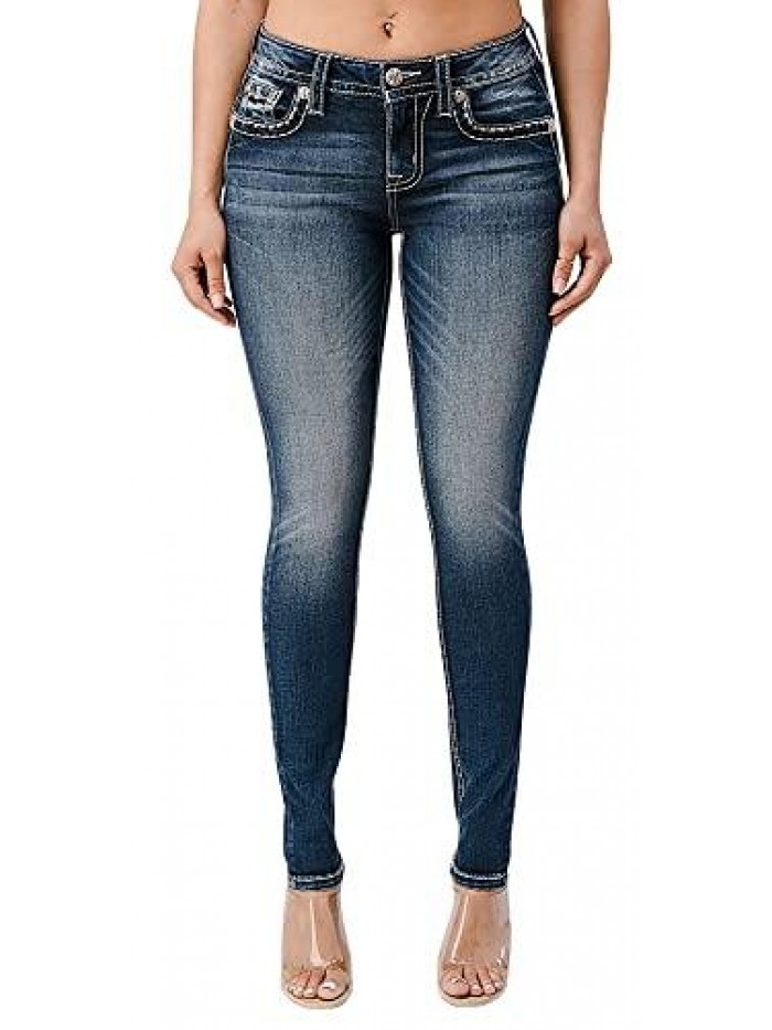 Me Women's Mid-Rise Skinny Jeans with Faux Flap Border Stitch and Pinch Yoke 