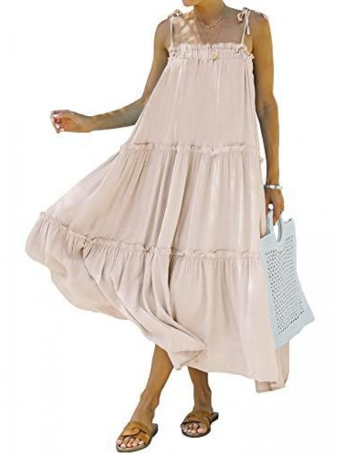 Women's Summer Adjustable Spaghetti Strap Sleeveless Dresses Casual Loose Tiered Ruffle Cami Beach Long Maxi Dress 