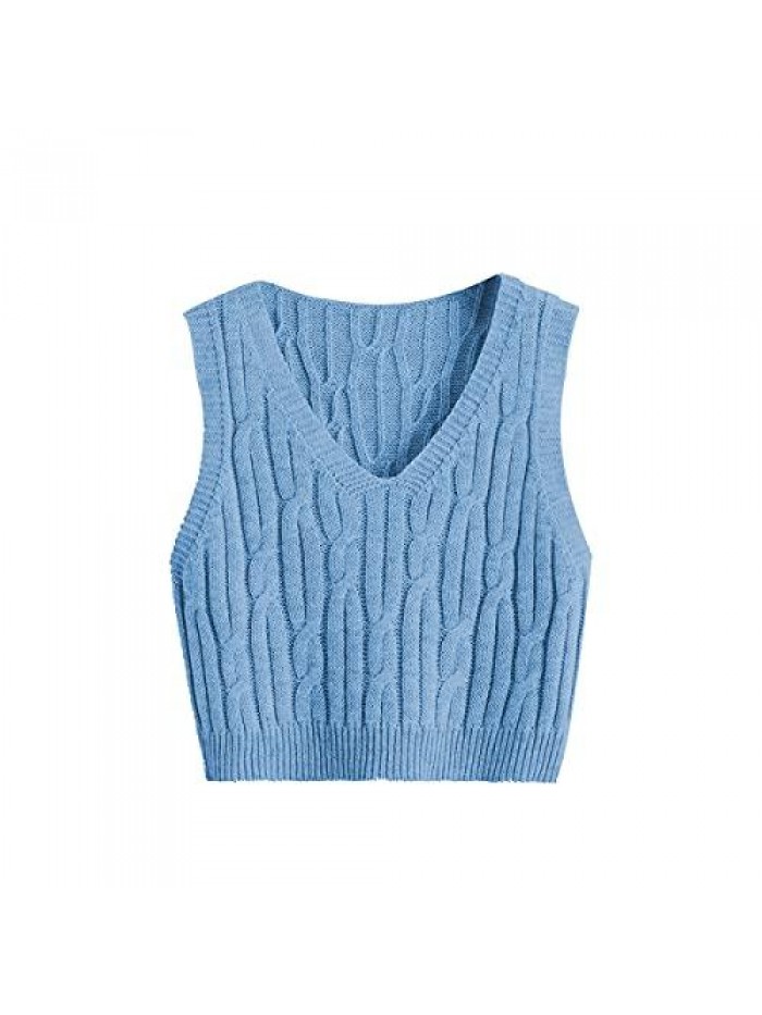 Women's Cable Knit Crop Sweater Vest Preppy Style Sleeveless V Neck Knitwear Tank Tops 