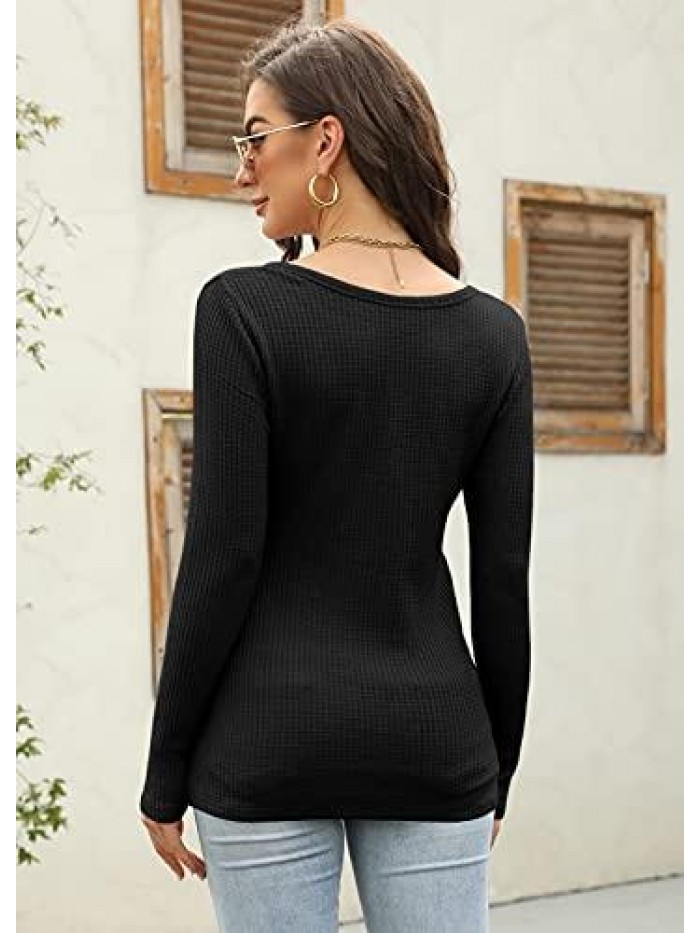 V Neck Waffle Knit Henley Tops Casual Long Sleeve Pullover Sweater Blouses 