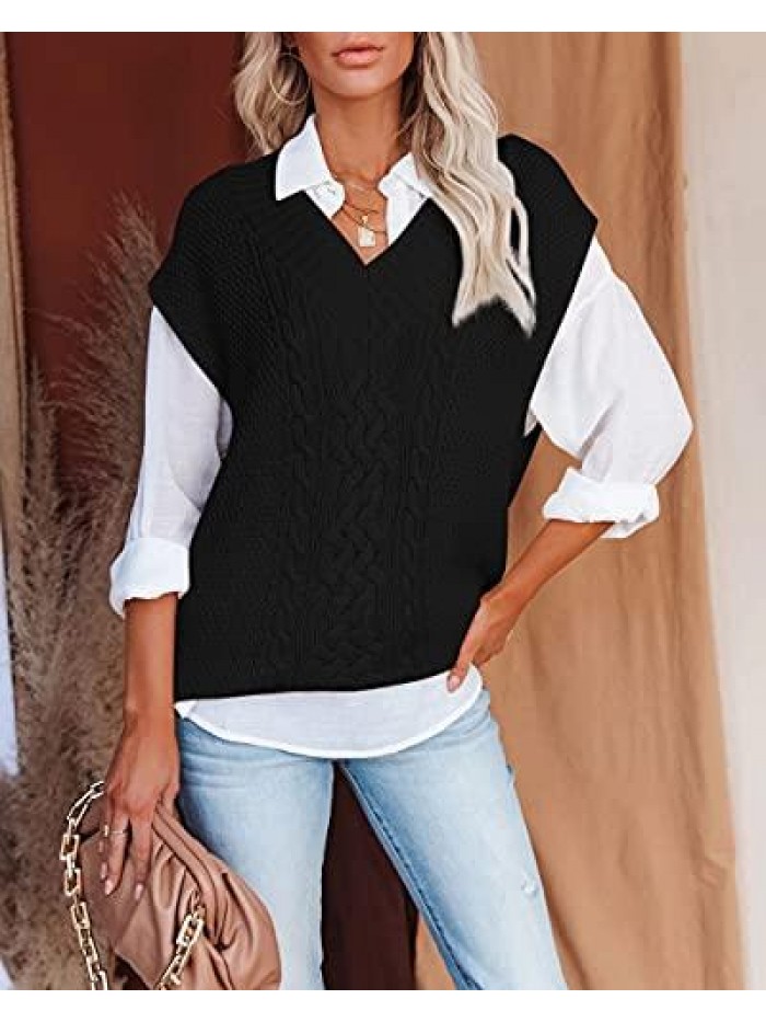 Women's Sweater Vest V Neck Cable Knit Sweaters Loose Pullover Top 