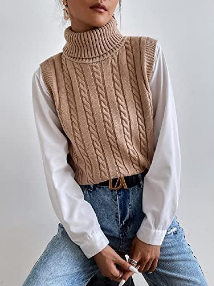 Women's Sweater Vest Cable Knit Turtleneck High Neck Sleeveless Pullover Tank Top 