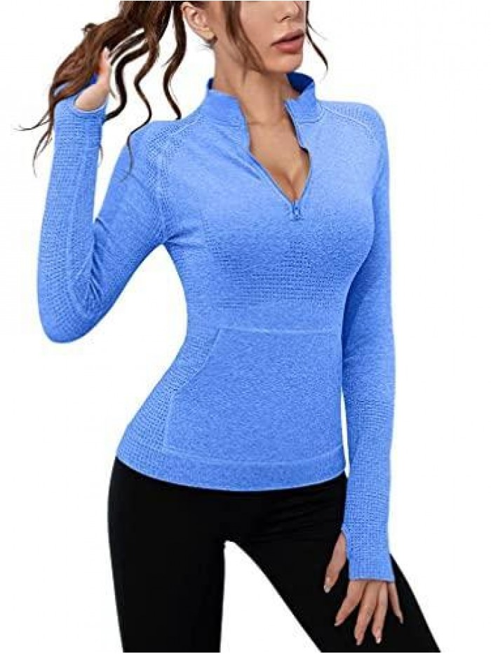 Women Workout Long Sleeve Yoga Front Pocket Tops Gym Half Zipper Stand Collar Running Athletic Shirt 