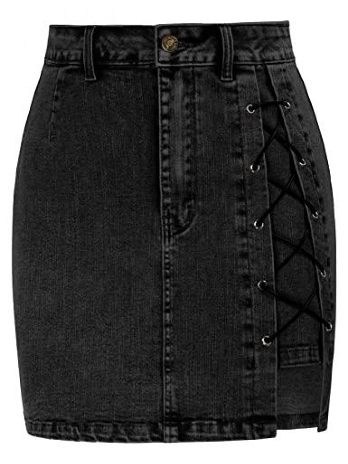 Kasin Women Lace Up Jean Bodycon Mini Skirt High Waist A Line Denim Pencil Skirt 