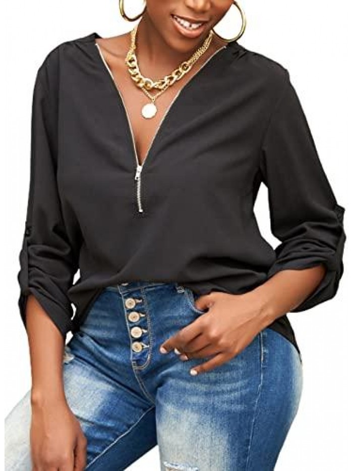 Womens Casual Sleeveless V Neck Cuffed Pleated Zip Up Chiffon Blouse Shirts 