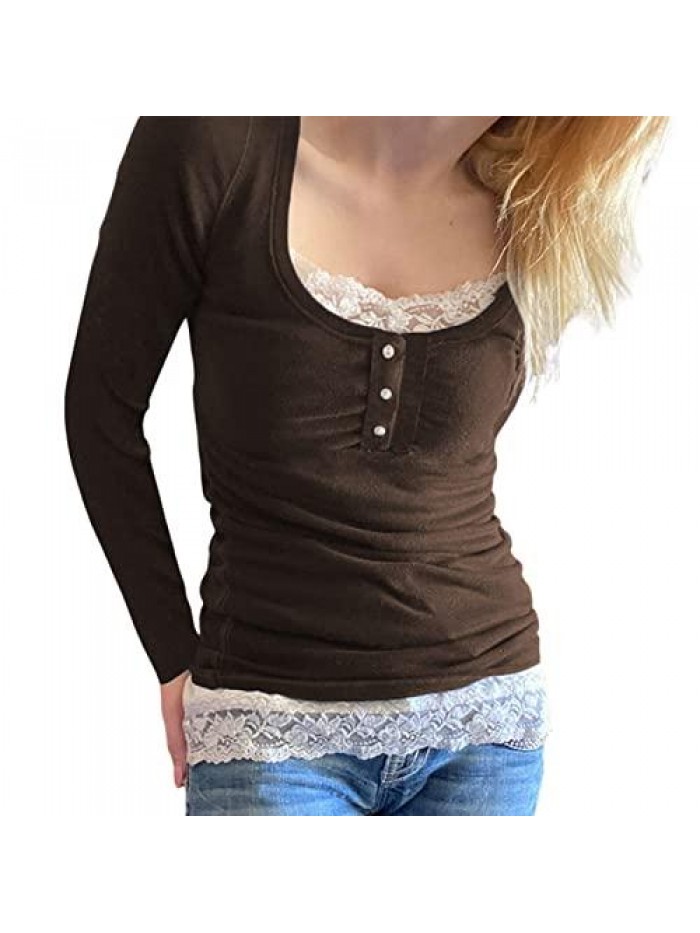 Long Sleeve Shirt 90s E-Girl Lace Crop Top Cotton T Shirts Fashion Buttons Slim Clothes   