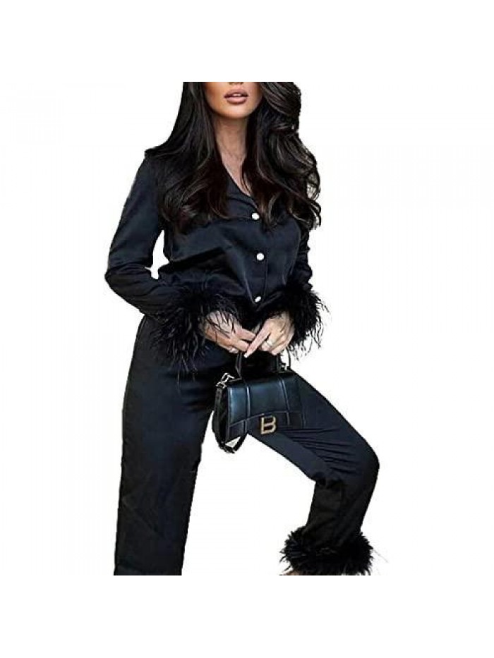 Two Piece Pajamas Set Feather Long Sleeve Shirt with Straight Leg Pants Nightwear Lounge Pjs Suit  