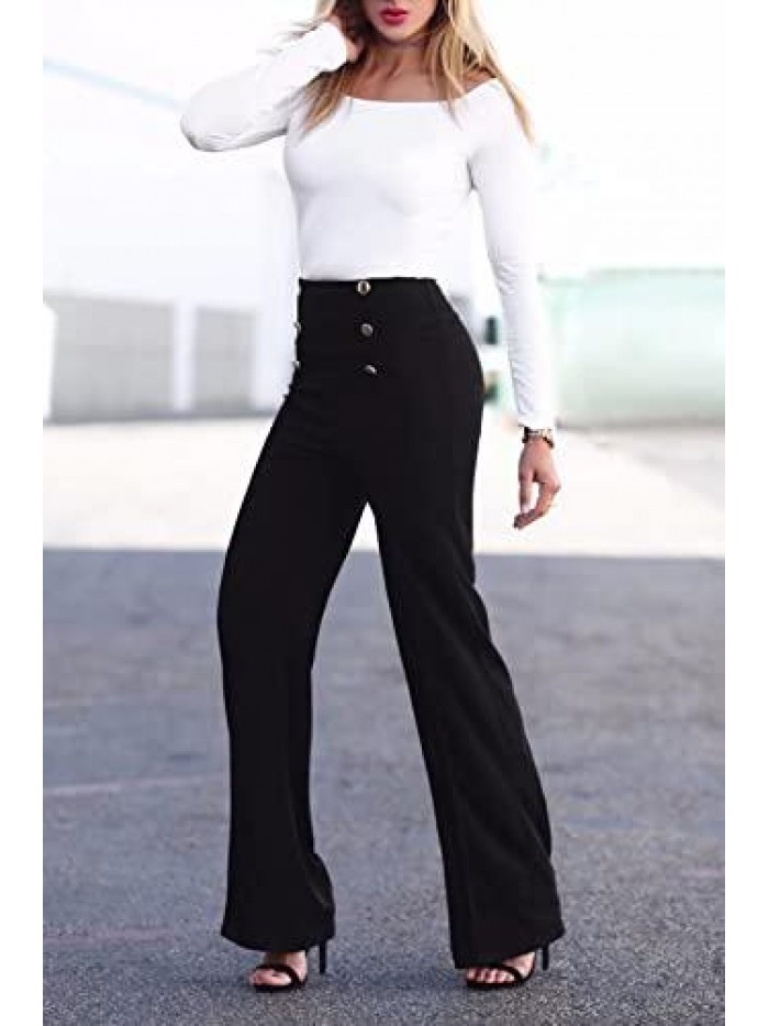 Stretchy High Waisted Wide Leg Button-Down Pants Sailor Bell Flare Pants 