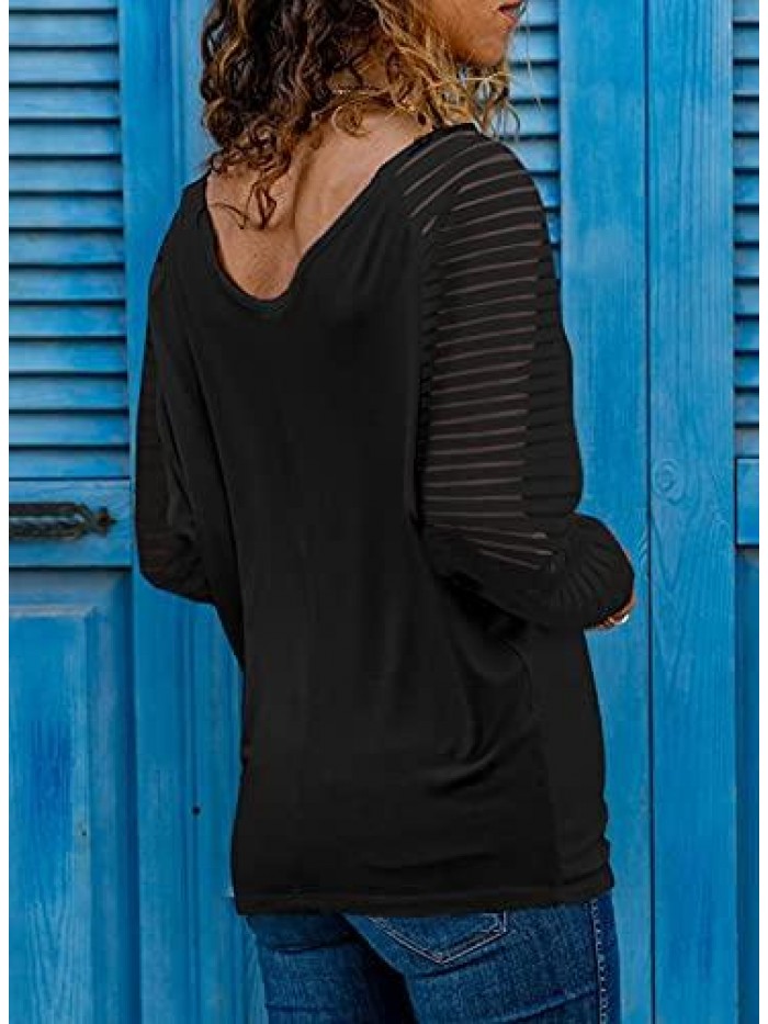 Women's Casual V Neck Tops Long Sleeve Shirts Striped Sheer Mesh Patchwork Blouses and Tops 