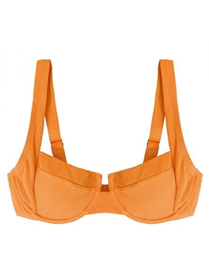 Women's Bikini Top Push up Textured Underwire Wide Adjustable Straps Back Hook Closure Full Support Orange 