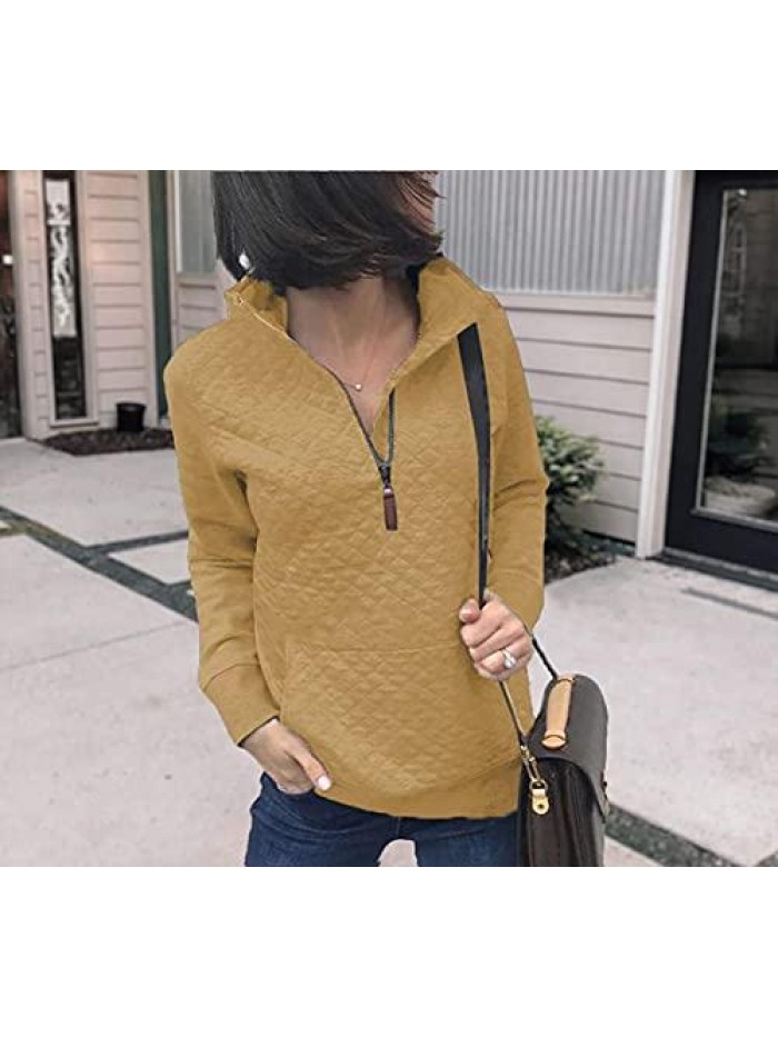 Women Fashion Quilted Pattern Lightweight Zipper Long Sleeve Plain Casual Ladies Sweatshirts Pullovers Shirts Tops 