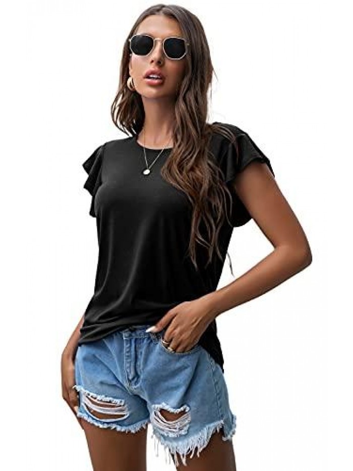 Summer Tops Knit Shirts Casual Ruffle Short Sleeve Top Round Neck Tunic Tank Tops Tee Blouse for Women 