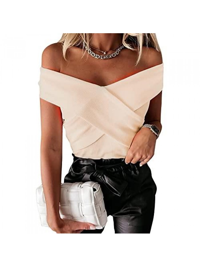 Off Shoulder Cross Wrap V Neck T Shirts for Women Casual Slim Ribbed Knit Crop Tops Blouses Shirt 
