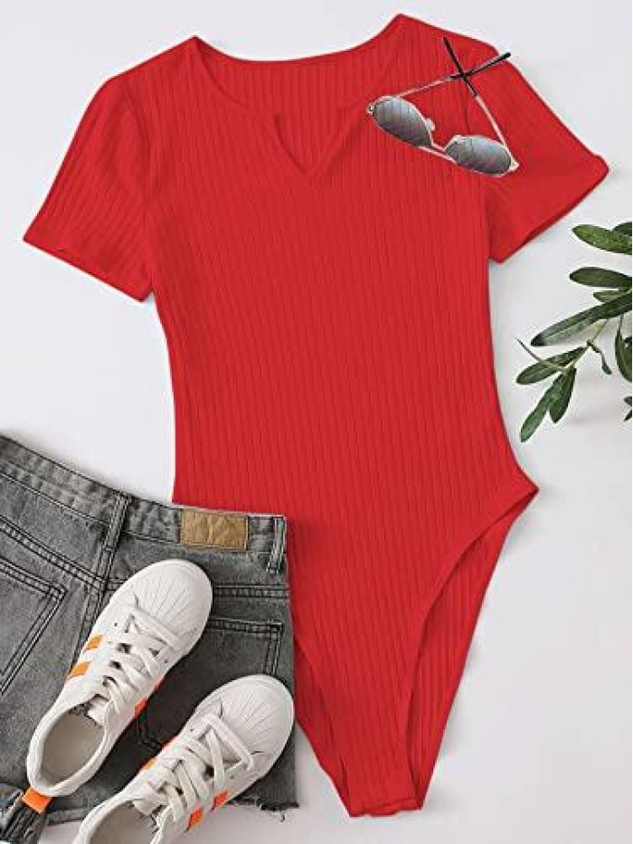 Women Notched V Neck Short Sleeves Ribbed Knit Solid Work Bodysuits Tops 
