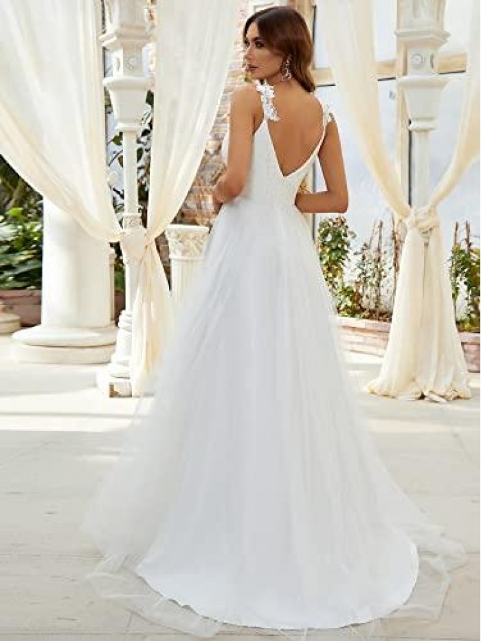 Open Back V Neck A-line Lace Bodice Tulle Wedding Dress for Women 0216 