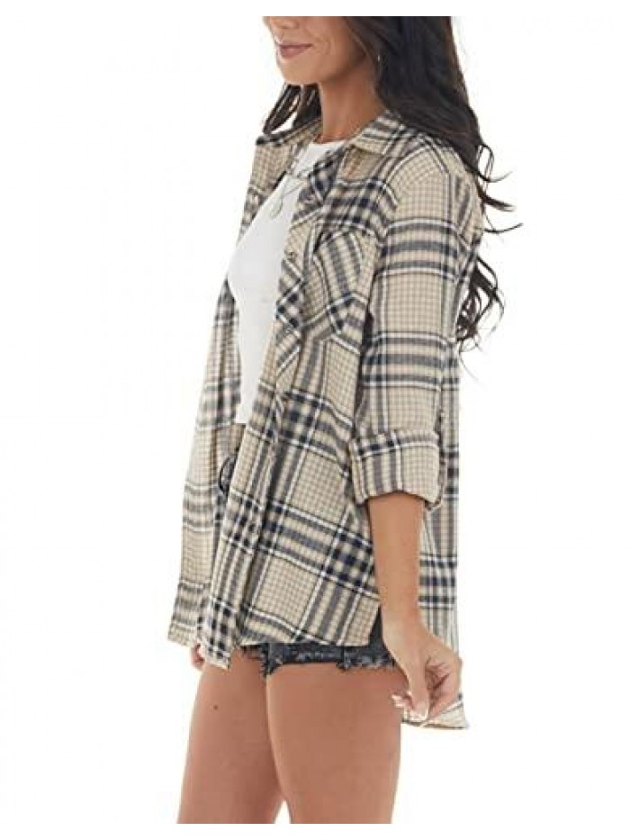 Womens Casual Plaid Soft Button Down Tops Roll Up Long Sleeve Cuffed Blouse Shirts 