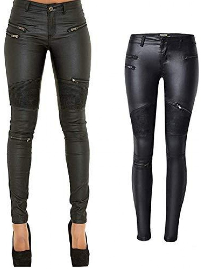 Leather Denim Pants for Women Sexy Tight Stretchy Rider Leggings Black Coffee 