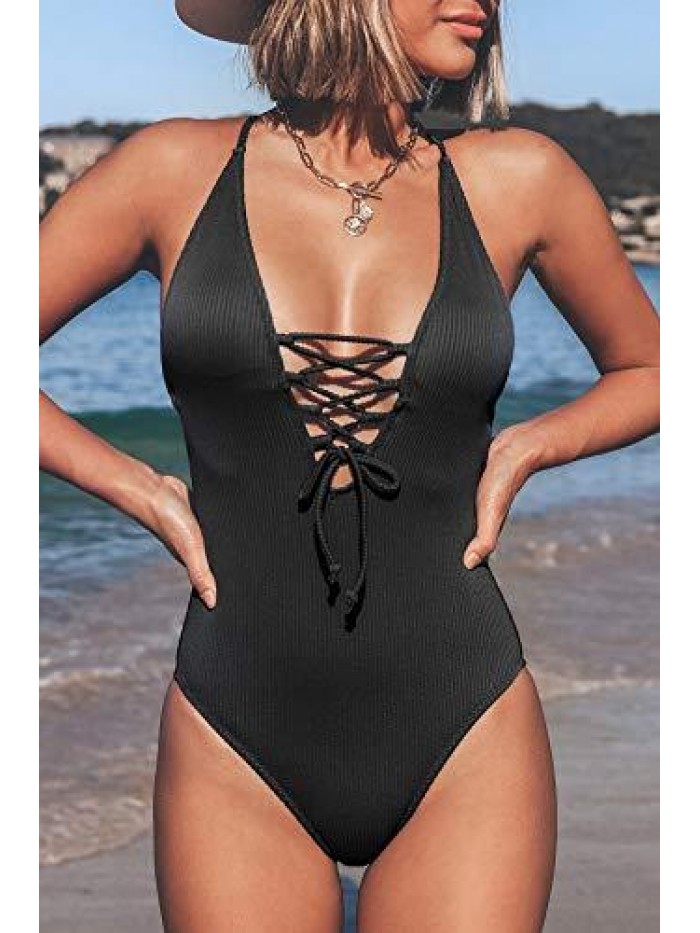 Women's Solid Color V Neck Lace Up One Piece Swimsuit 