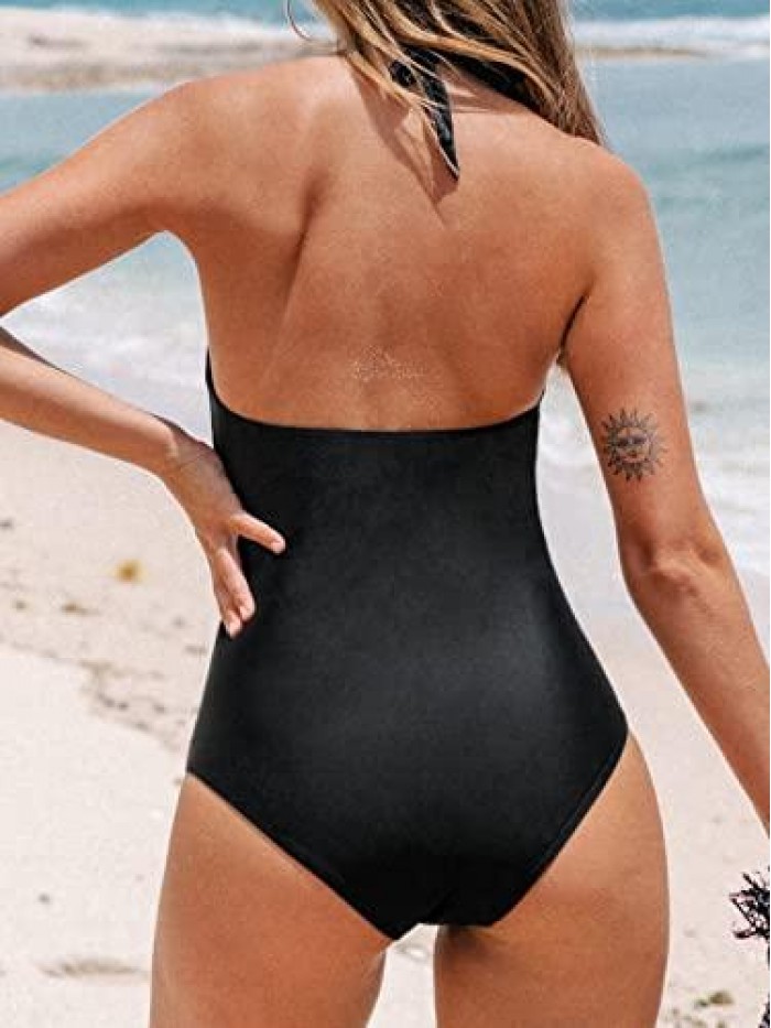 Women Cut Out Halter One Piece Swimsuit Sexy Backless Tie Wide Straps V Neck Bathing Suit 