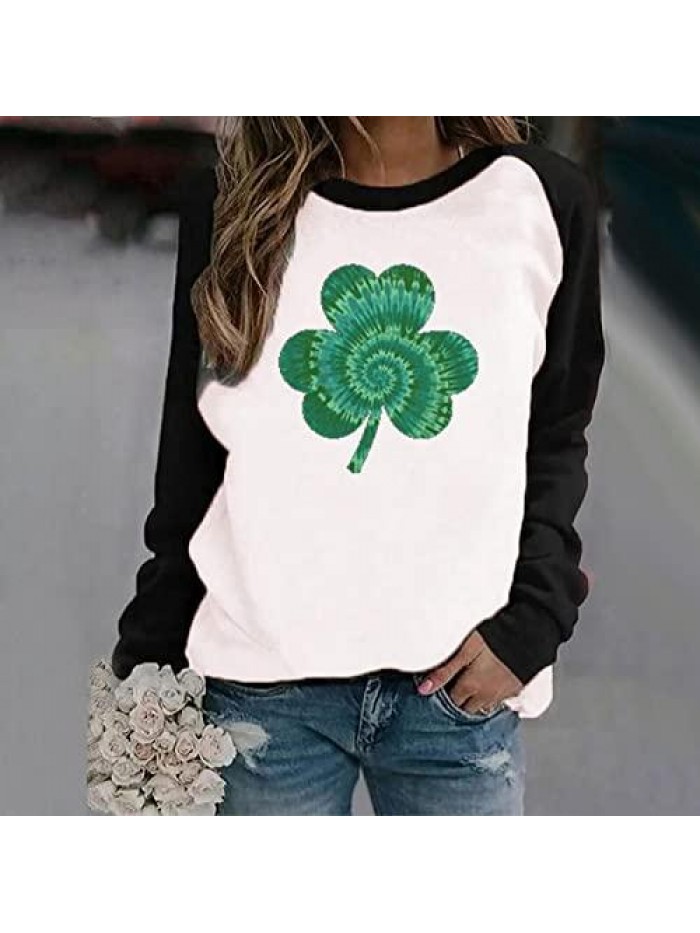 Casual St. Patrick's Day T Shirt Ladies Green O-Neck Jumper Long Sleeves Blouse Shamrock Ireland Clover Tops 