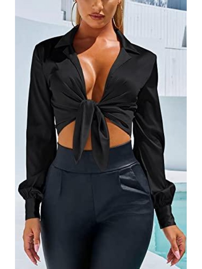 Women's Sexy Deep V Neck Long Sleeve Tie Front Knot Crop Top Blouse Shirt 