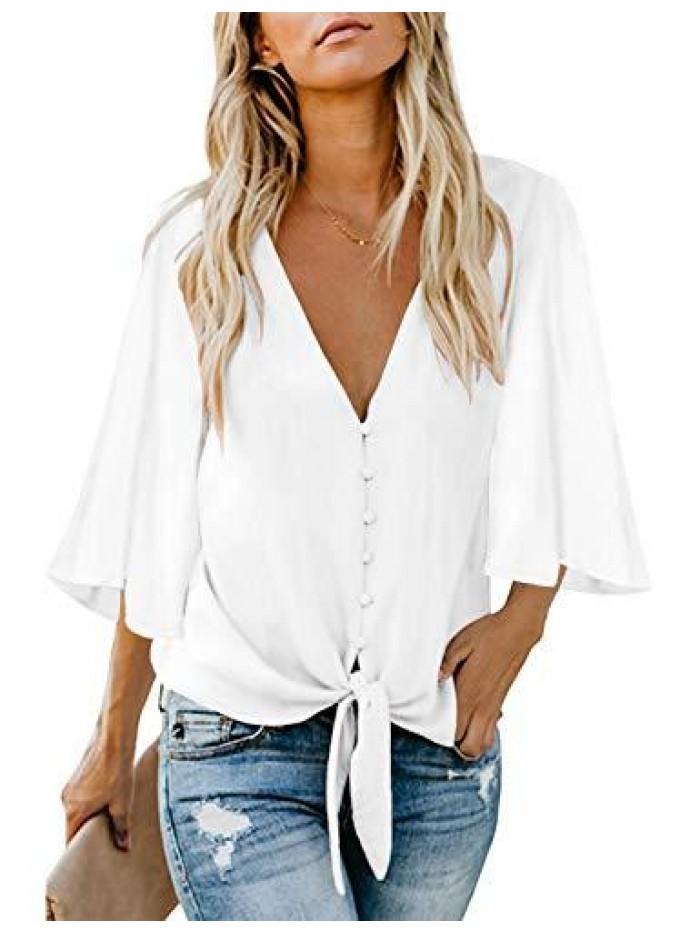 Women's Casual V Neck Tops 3/4 Sleeve Tie Knot Blouses Solid Button Down Shirts 