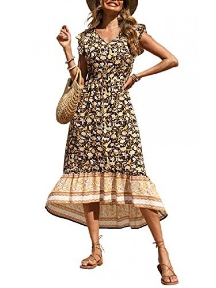 Women's Summer Maxi Dress Casual Floral V Neck Cap Sleeves Boho High Low Flowy Midi Long Sun Dresses 