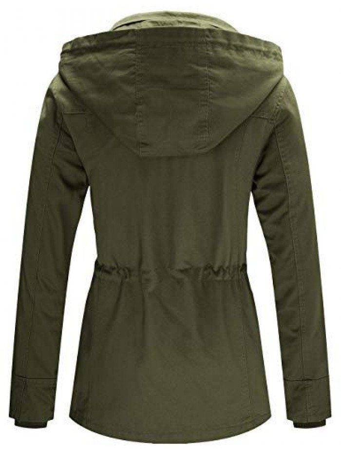 Women's Cotton Military Coat Lightweight Casual Anorak Jacket with Detachable Hood 