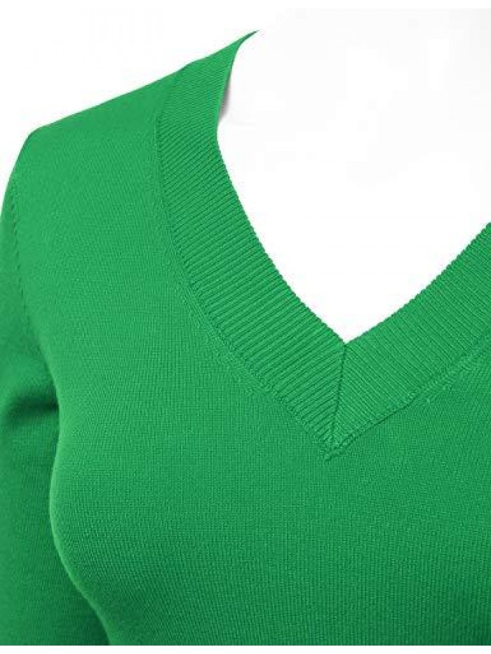 Women's V-Neck Long Sleeve Soft Stretch Pullover Knit Top Sweater (S~XXL) 