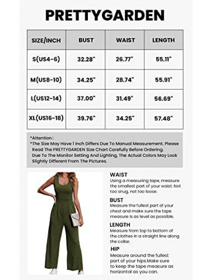 PRETTYGARDEN Women’s Summer Sleeveless Tank Jumpsuits High Waist Low Cut Casual Scoop Neck Fit And Flare Long Pants Rompers