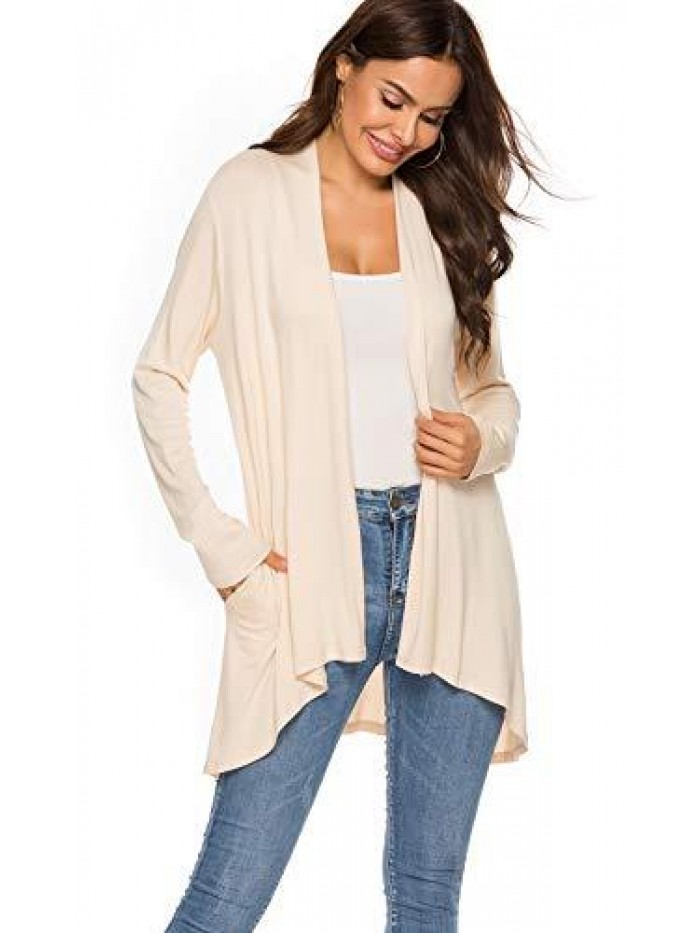 Casual Long Sleeve Open Front Lightweight Drape Cardigans with Pockets 