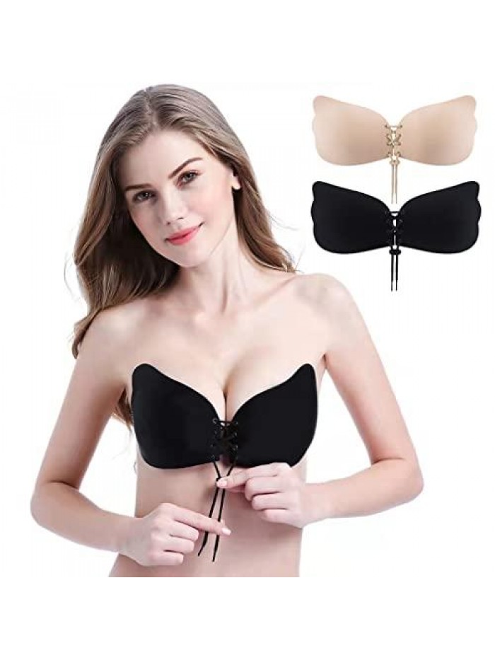 Bra 2 Pack Backless Strapless Bra Invisible Sticky Bra for Big and Small Breasts Angel Wings,Shaping Charming Curves 