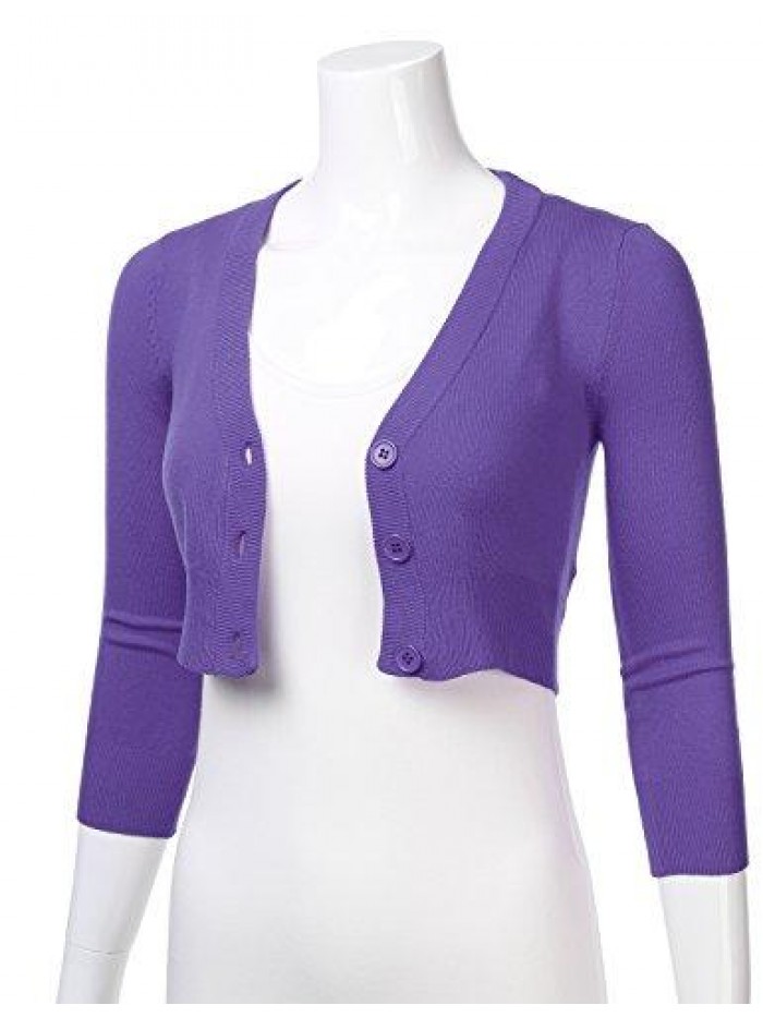 Women Solid Button Down 3/4 Sleeve Cropped Bolero Cardigan Sweater (S-4X) 