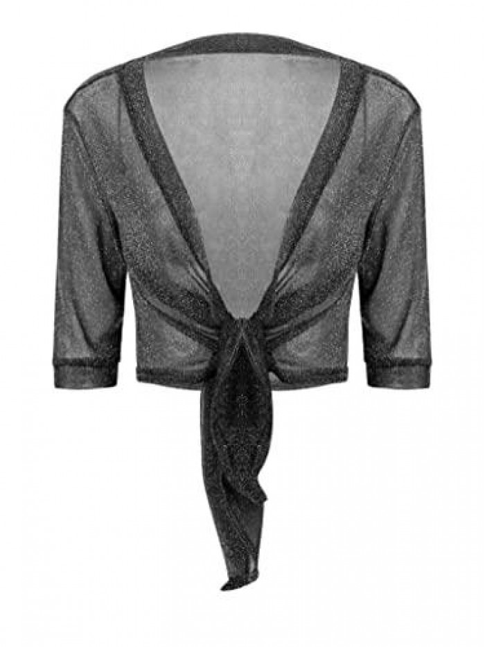 Women's Open Front Self-Tie Knot Cardigan Bolero Sheer Shrug 3/4 Sleeve Cropped Bolero Cardigan 