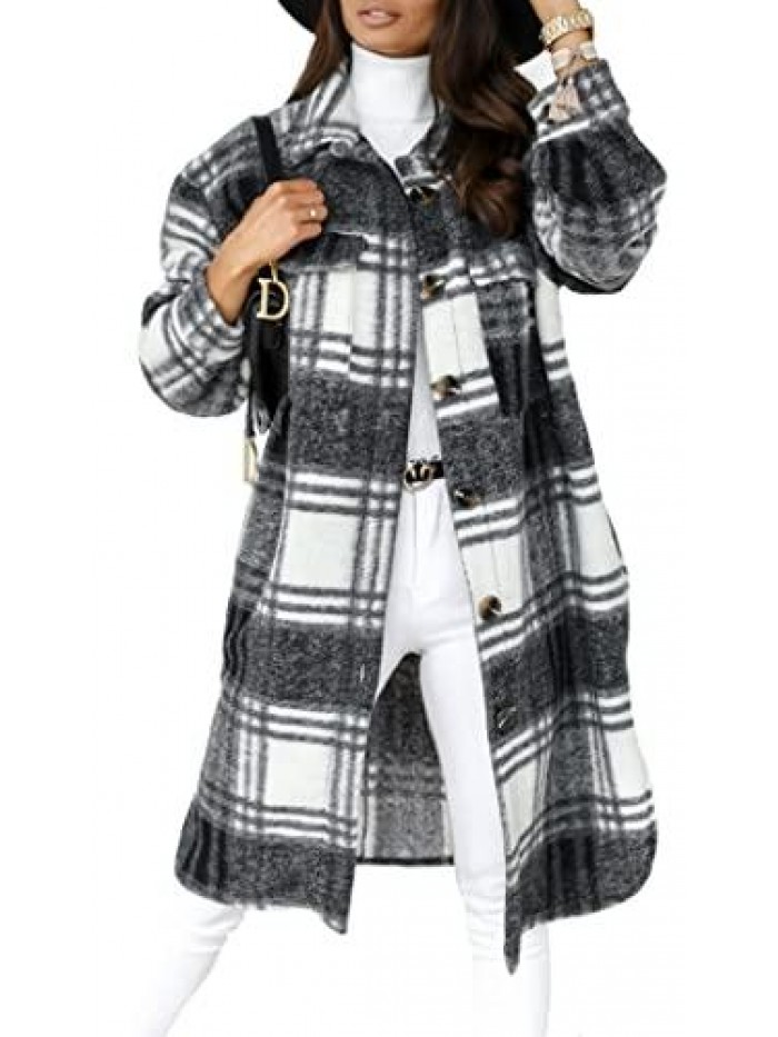 Womens Long Sleeve Button Up Flannel Lapel Plaid Shacket Jacket Coat with Pockets 