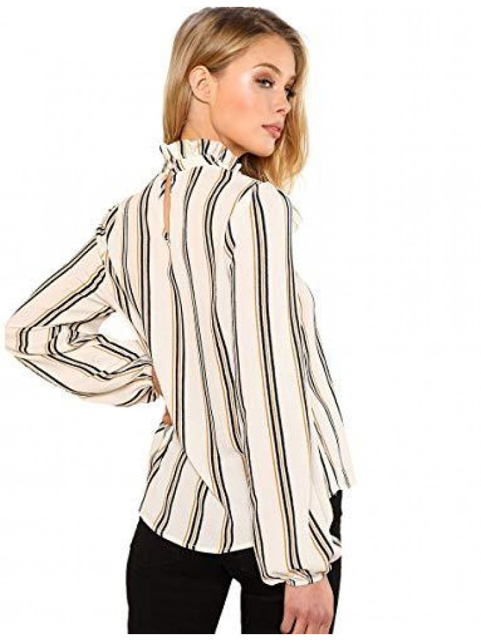 Women's Elegant Printed Stand Collar Long Sleeve Workwear Blouse Top Shirts 