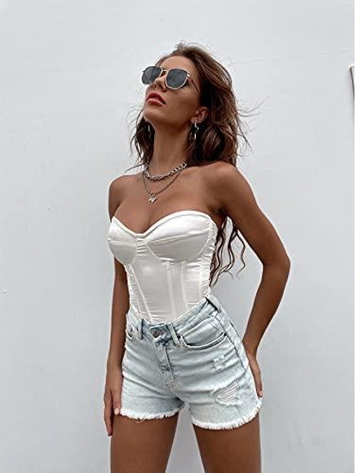 Women's Zip Backless Strapless Bustier Push Up Vest Ruched Crop Tube Tops 