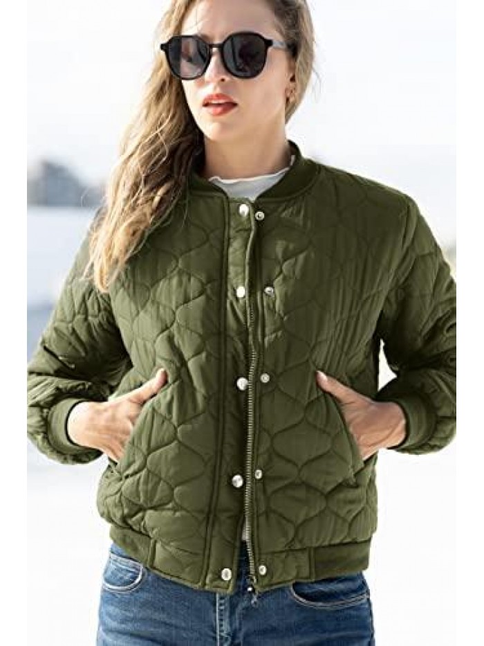 Quilted Jackets Lightweight Long Sleeve Zip Up Bomber Jacket with Pockets Stand Collar Winter Outwear 