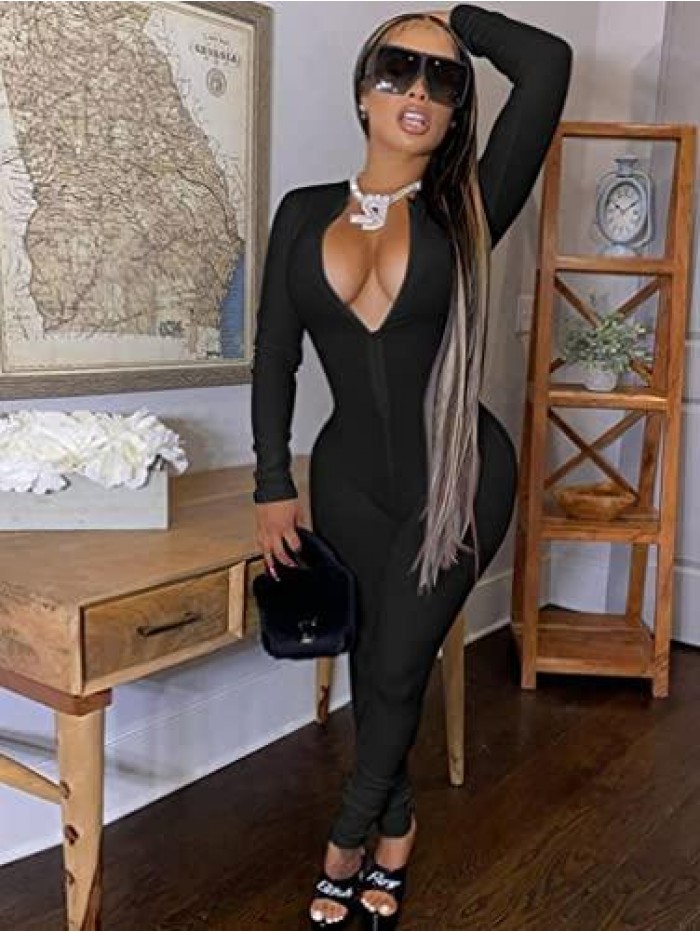 Women's Sexy Bodycon V Neck Long Sleeve Front Zipper Club Party Rompers Jumpsuits 