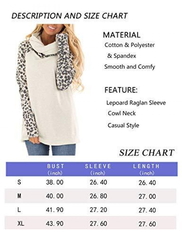 Women's Casual Sweatshirts Long Sleeve Leopard Print Tops Cowl Neck Raglan Shirts 