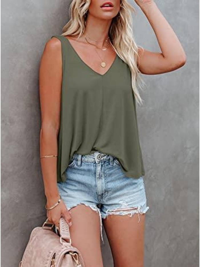 Women Summer V Neck Tank Tops Sleeveless Flowy Shirts Loose Casual Tunic Blouses 
