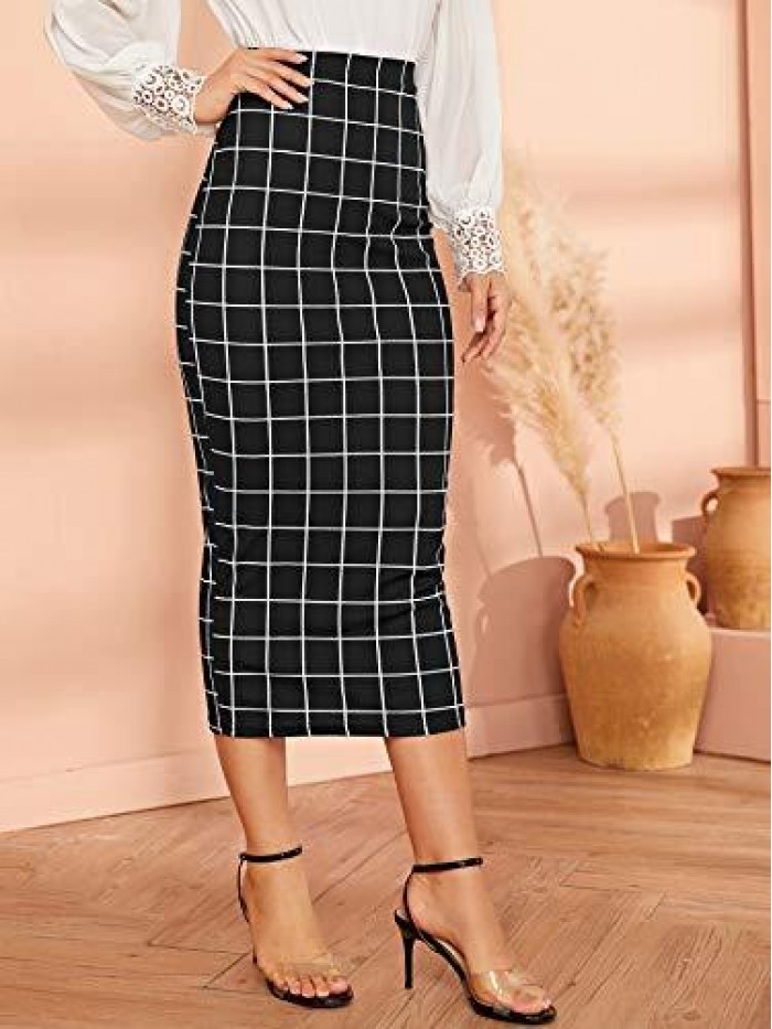 Women's Elegant Plaid Elastic Waist Bodycon Midi Skirt 