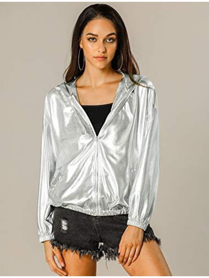 K Women's Holographic Shiny Long Sleeve Zipper Hooded Metallic Jacket 