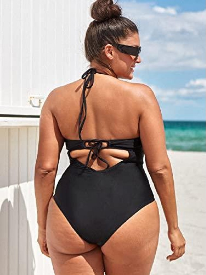 Women's Cut Out Plus Size One Piece Swimsuit Molded Cups Black Bathing Suit 