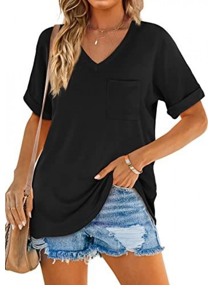 Womens V Neck Rolled Short Sleeve T Shirts Casual Summer Tops Tshirts with Pocket 