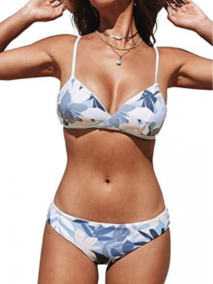 Women's Tropical Cross Triangle Bikini Set V Neck Mid Waist Two Piece Bathing Suit with Fixed Straps 