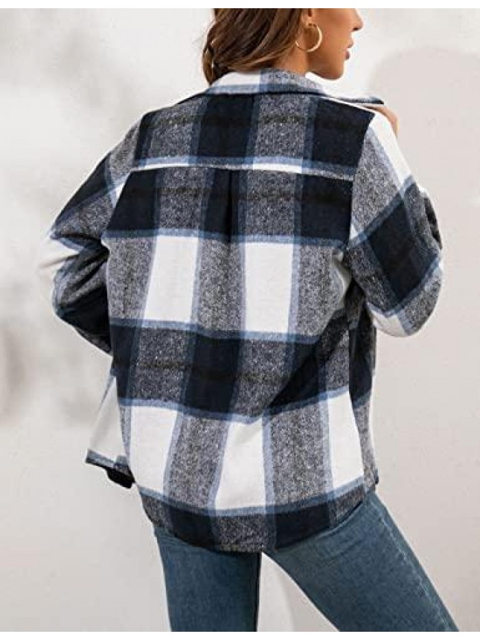 Womens Brushed Flannel Plaid Lapel Button Short Pocketed Shacket Shirts Coats 