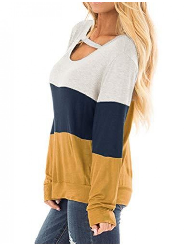 Women's Long Sleeve Tunics Color Block Cutout Sweatshirt Loose Fit Tops 