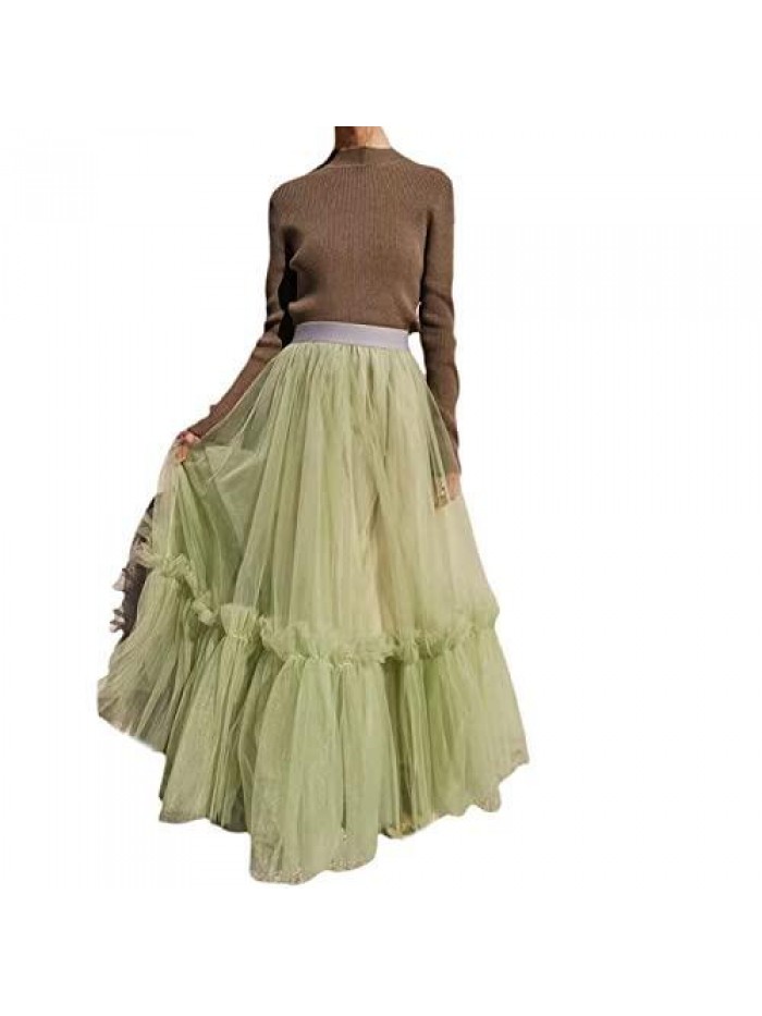 Floor Long Yarn Skirt High Waist Solid Color Multi Layer Skirt Tulle Mesh Maxi Half Dress Party Wedding 
