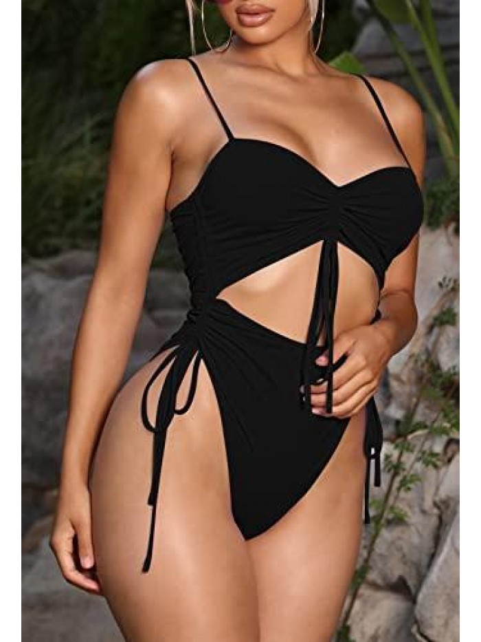 Women's Cut Out Drawstring One Piece Swimsuit Cheeky High Cut Bathing Suit 